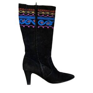 LouLou De La Falaise Women's Black Suede Embroidered Knee High Boots Size 10W